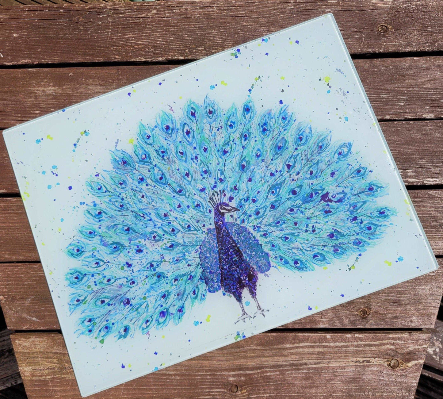 Peacock glass cutting board - 2 sizes and finishes - Moose and Goose Gifts