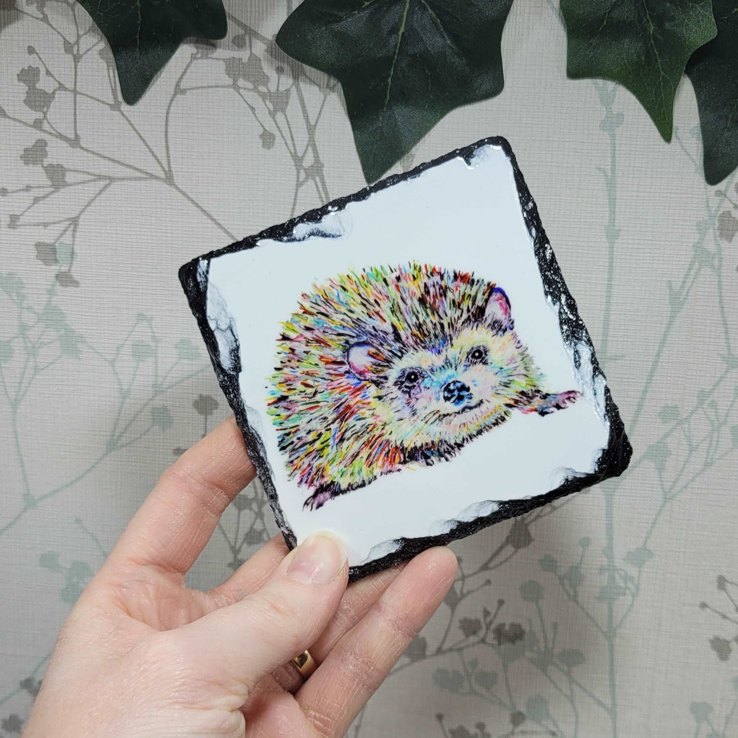 Printed rainbow hedgehog slate coaster