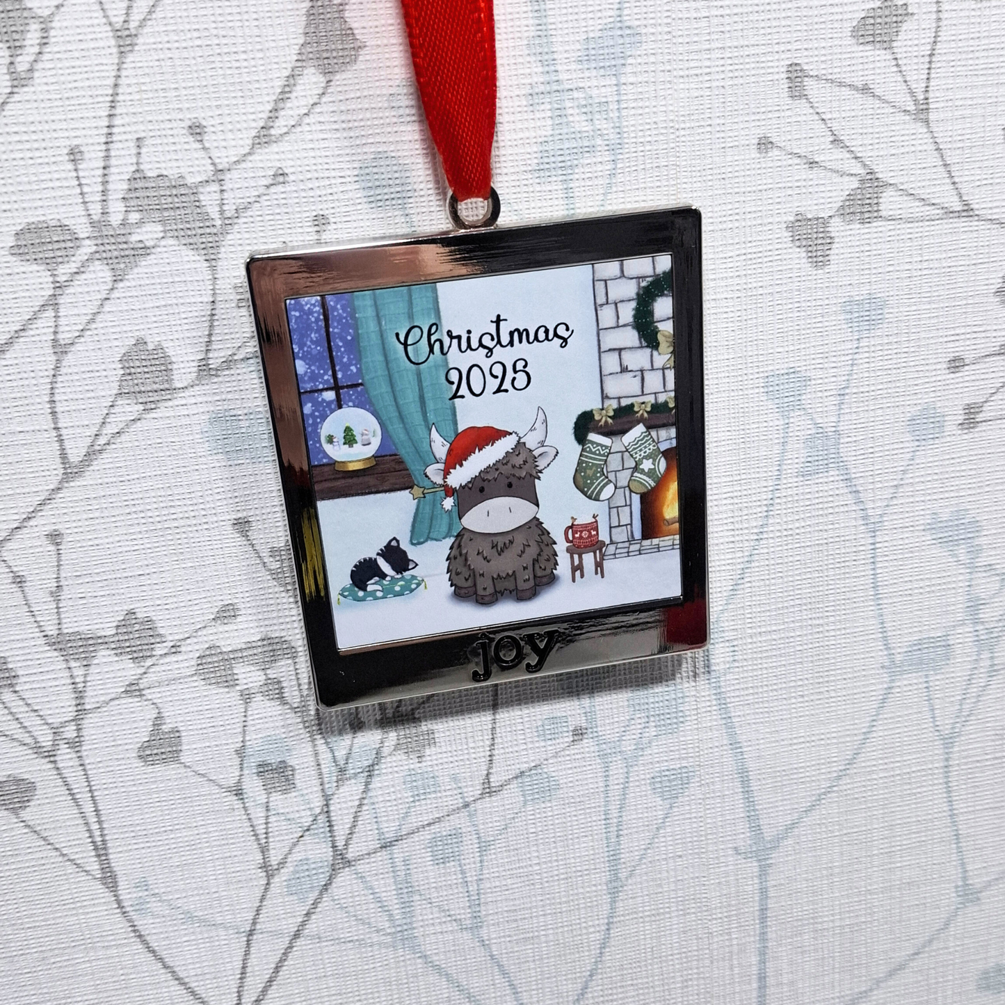 Highland Cow Hand-Drawn Metal Christmas Ornament