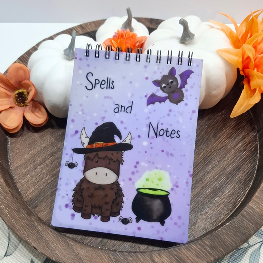 Spells & Notes Highland Cow Notepad – Witchy Halloween Stationery