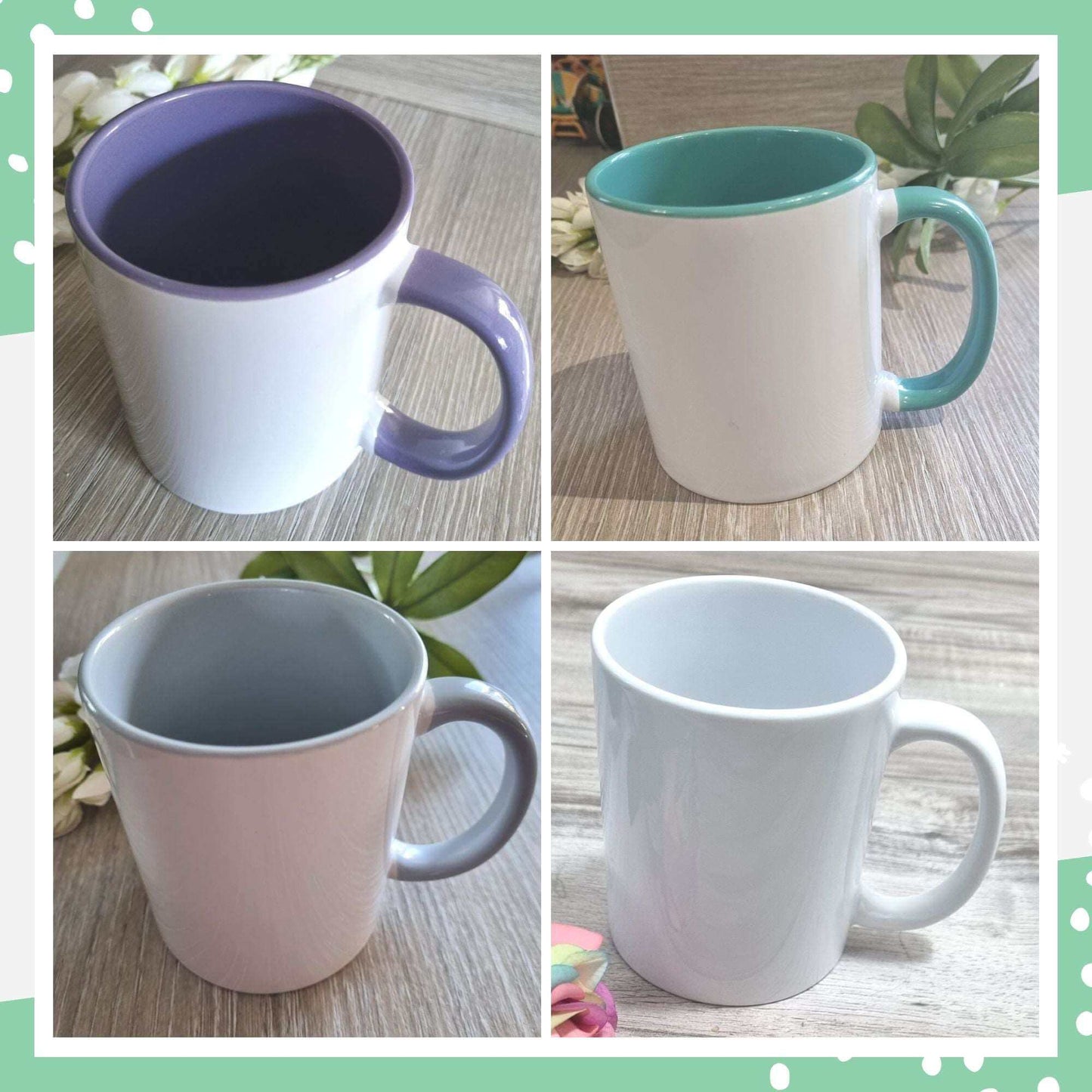 Personalised photo mug colour options purple, mint, grey and white