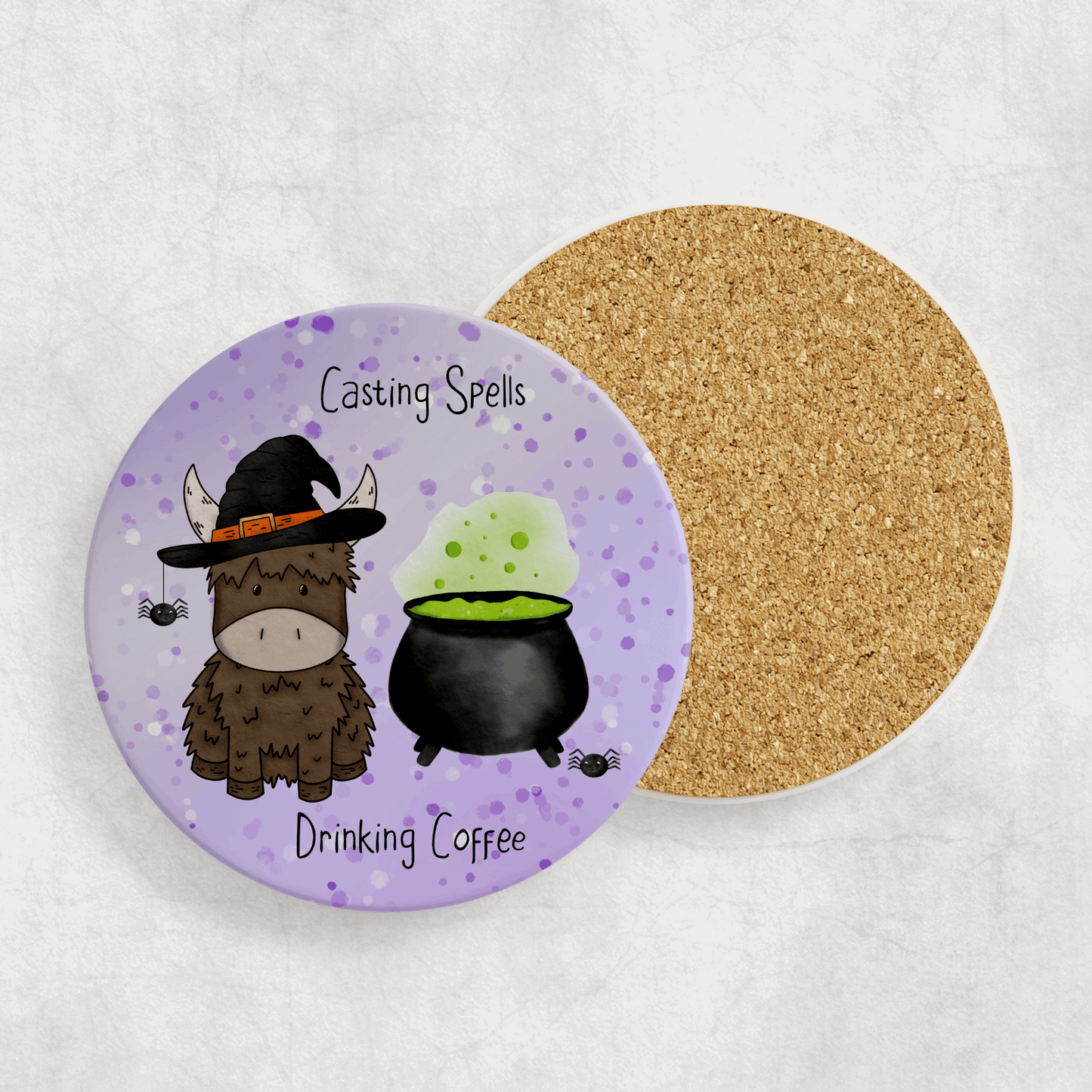 coaster with a highland cow wearing a witches hat and casting spells drinking coffee hand drawn by moose and goose gifts