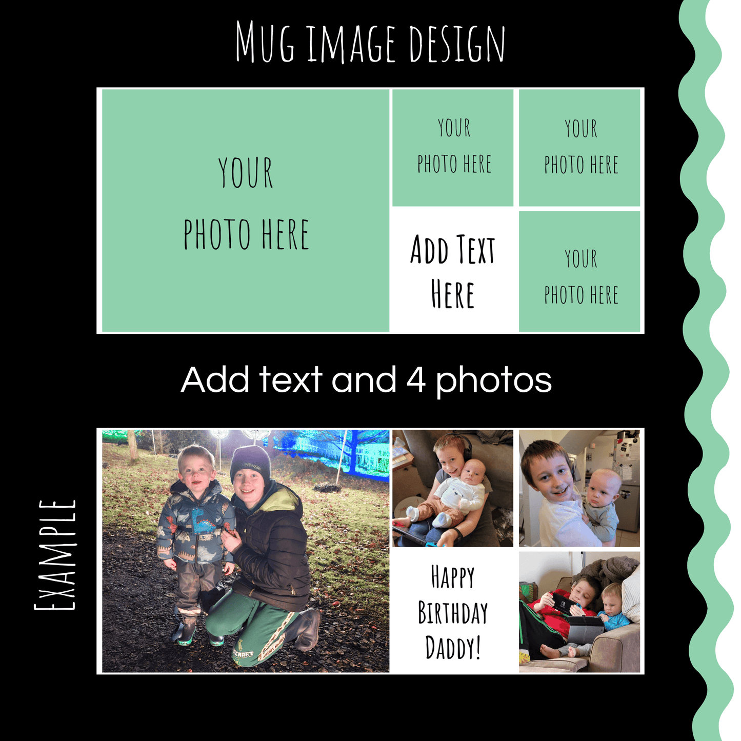 Personalised photo mug design sample 4 photos with text - Moose and Goose gifts