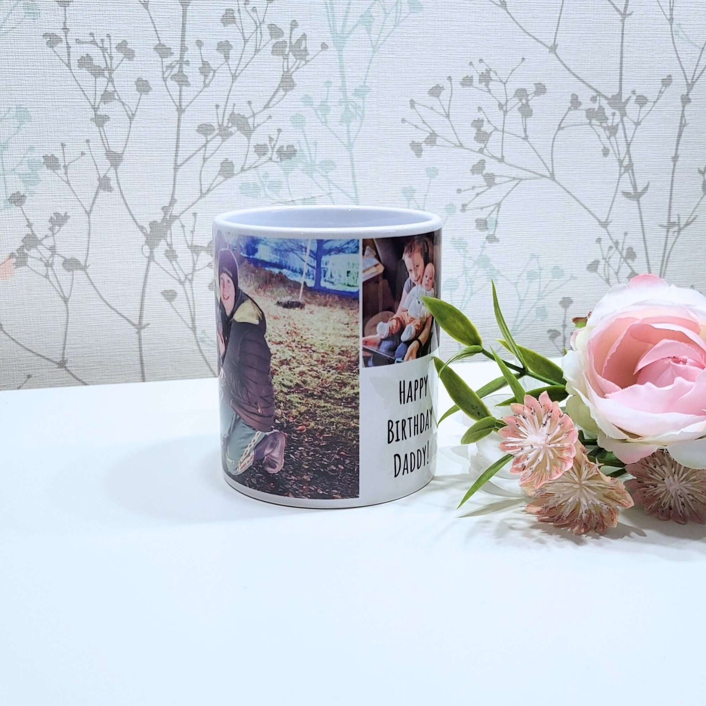 4 Photo keepsake Mug front view of mug with photos