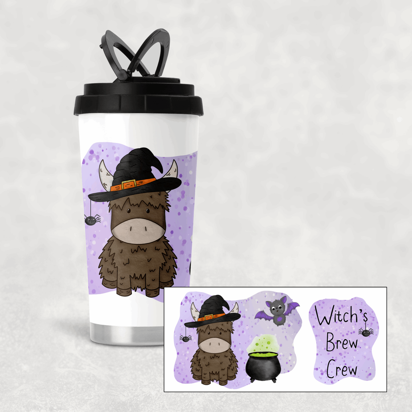 Travel mug with highland cow halloween theme drawn by moose and goose gifts