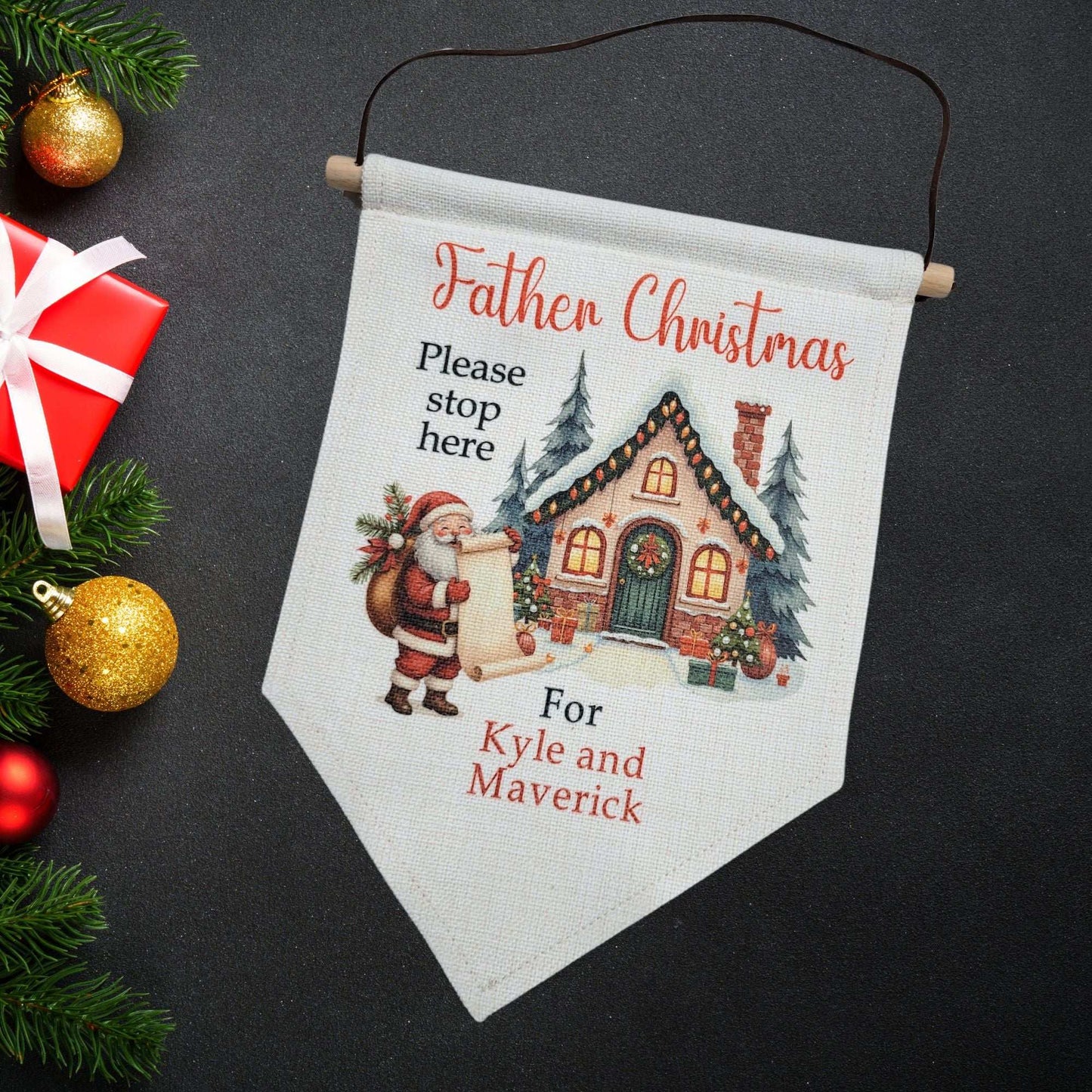 Personalised Linen Christmas Banner – Father Christmas/Santa Design