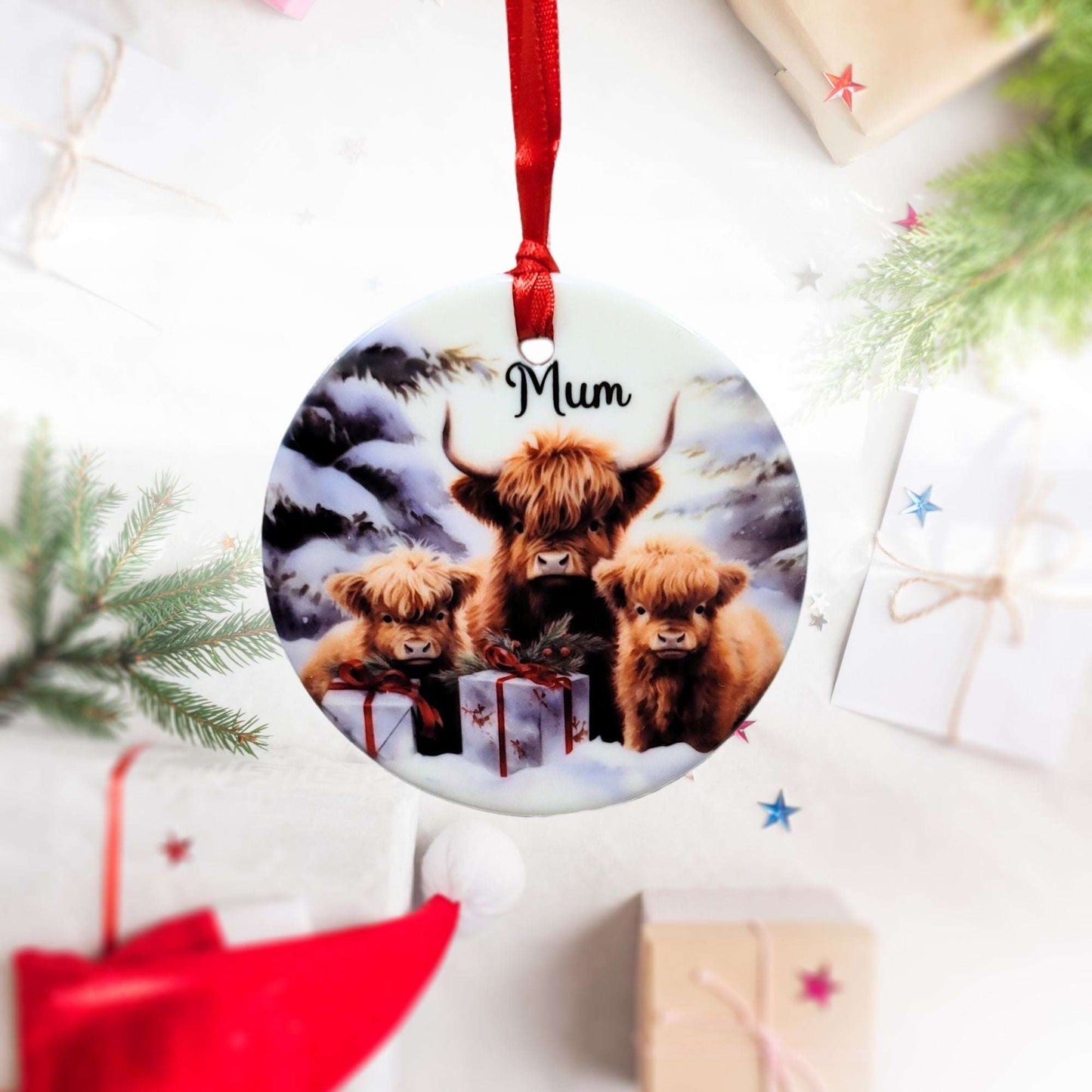 Personalised Ceramic Highland Cow Christmas Decoration – A Touch of Rustic Festive Charm