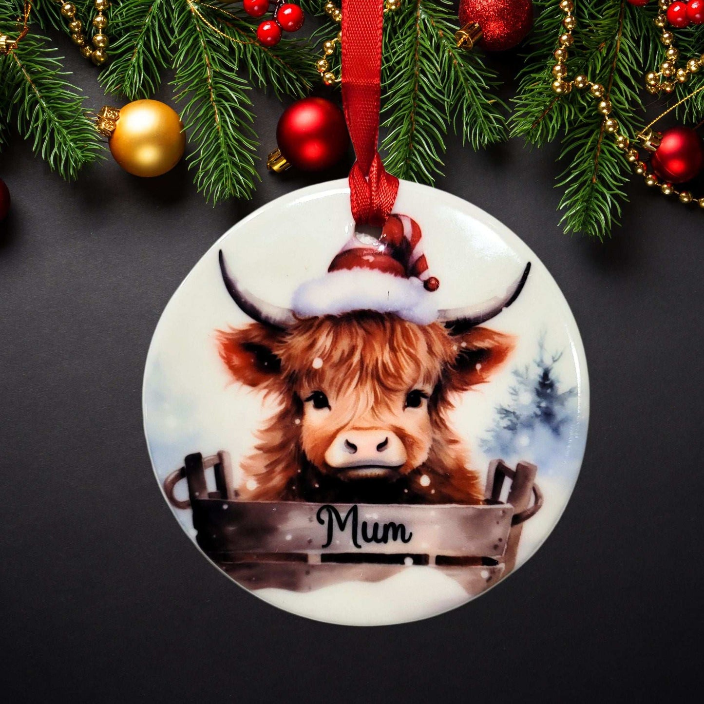 Personalised Ceramic Highland Cow Christmas Decoration with Gift Box