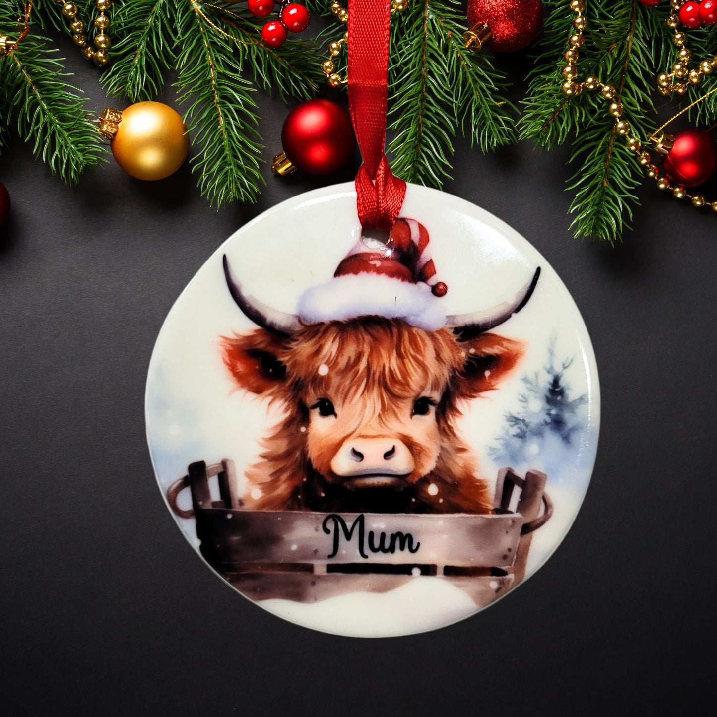 Personalised Ceramic Highland Cow Christmas Decoration with Gift Box