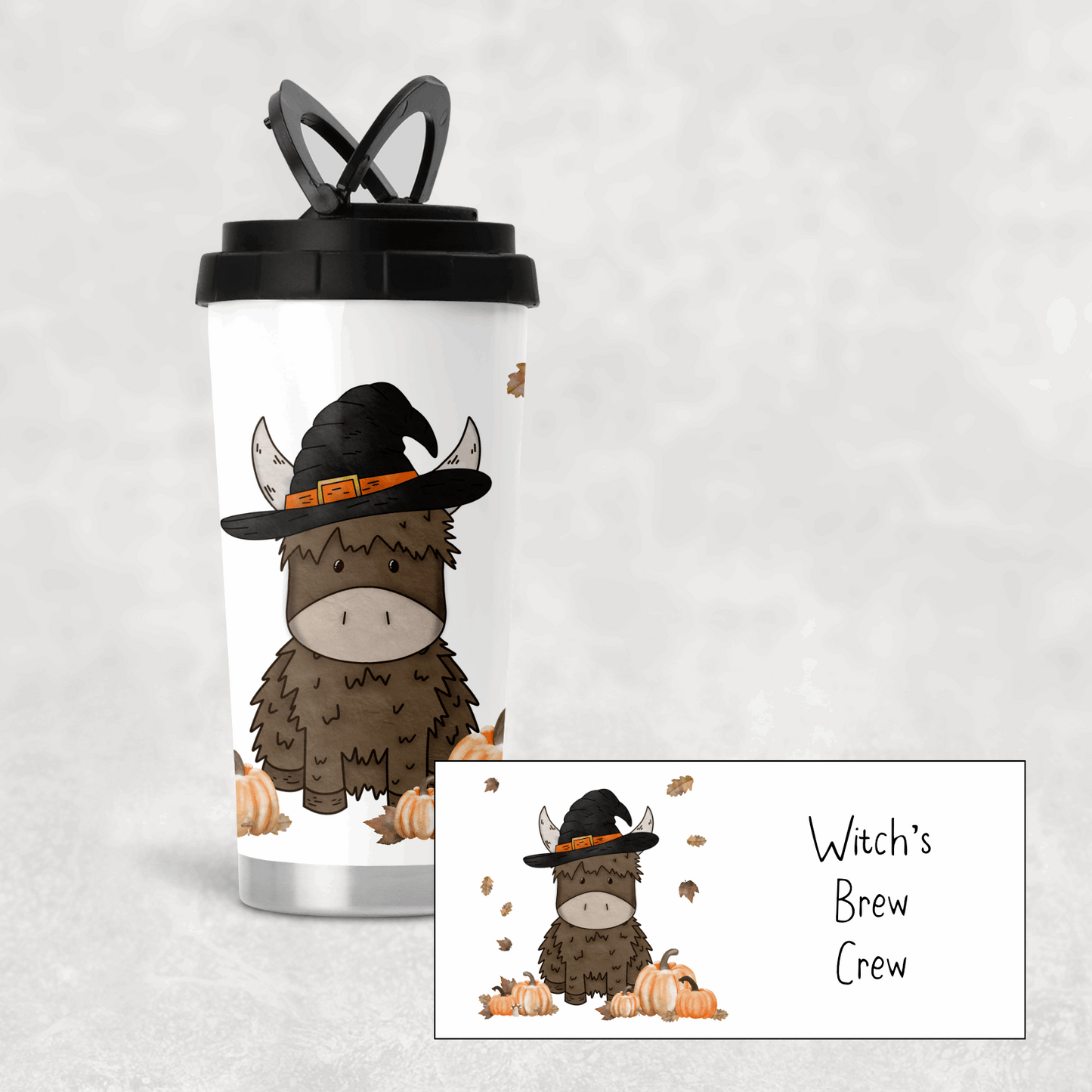Tumbler with a highland cow design and 'Witch's Brew Crew' text on a white background