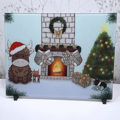 Christmas Highland Cow Glass Cutting Board
