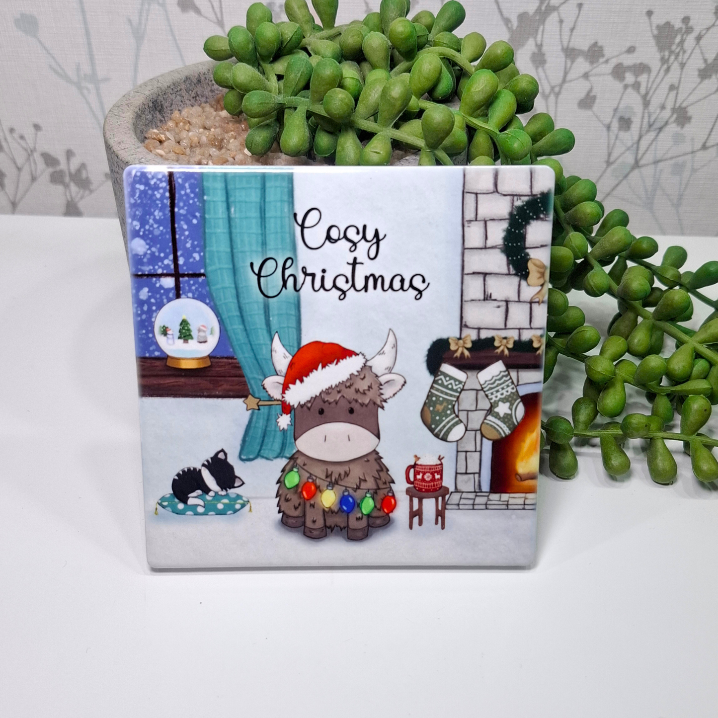 Cosy Christmas Personalised Hand- Drawn highland cow coaster