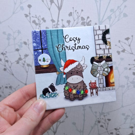 Cosy Christmas Personalised Hand- Drawn highland cow coaster