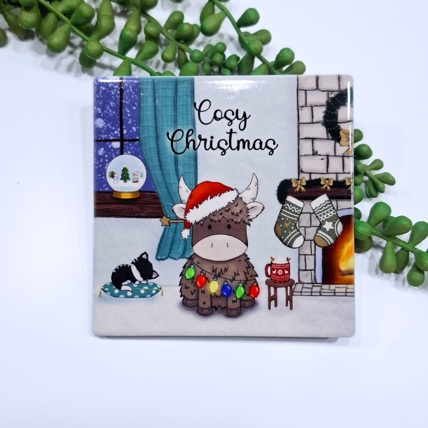 Cosy Christmas Personalised Hand- Drawn highland cow coaster