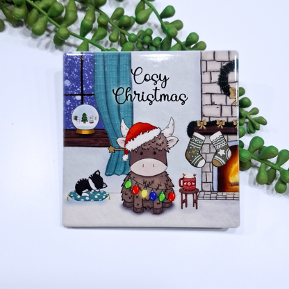 Cosy Christmas Personalised Hand- Drawn highland cow coaster