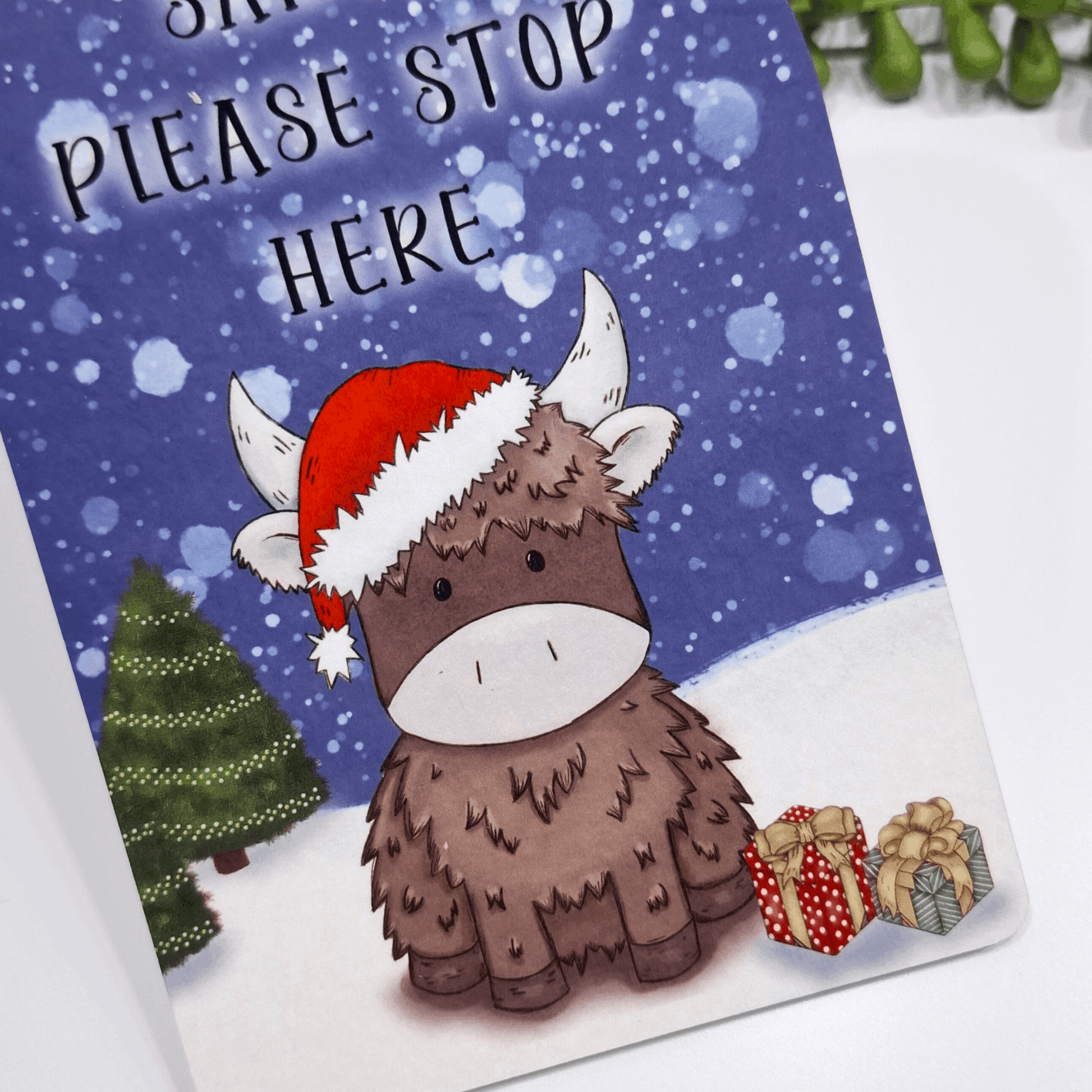 Personalised “Santa Stop Here” Door Hanger – Hand-Drawn Highland Cow Christmas Sign