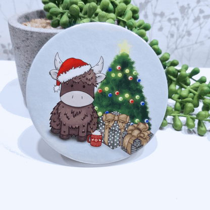 Personalised round highland cow Christmas coaster