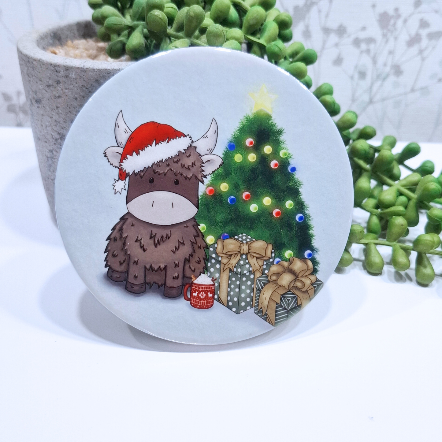 Personalised round highland cow Christmas coaster