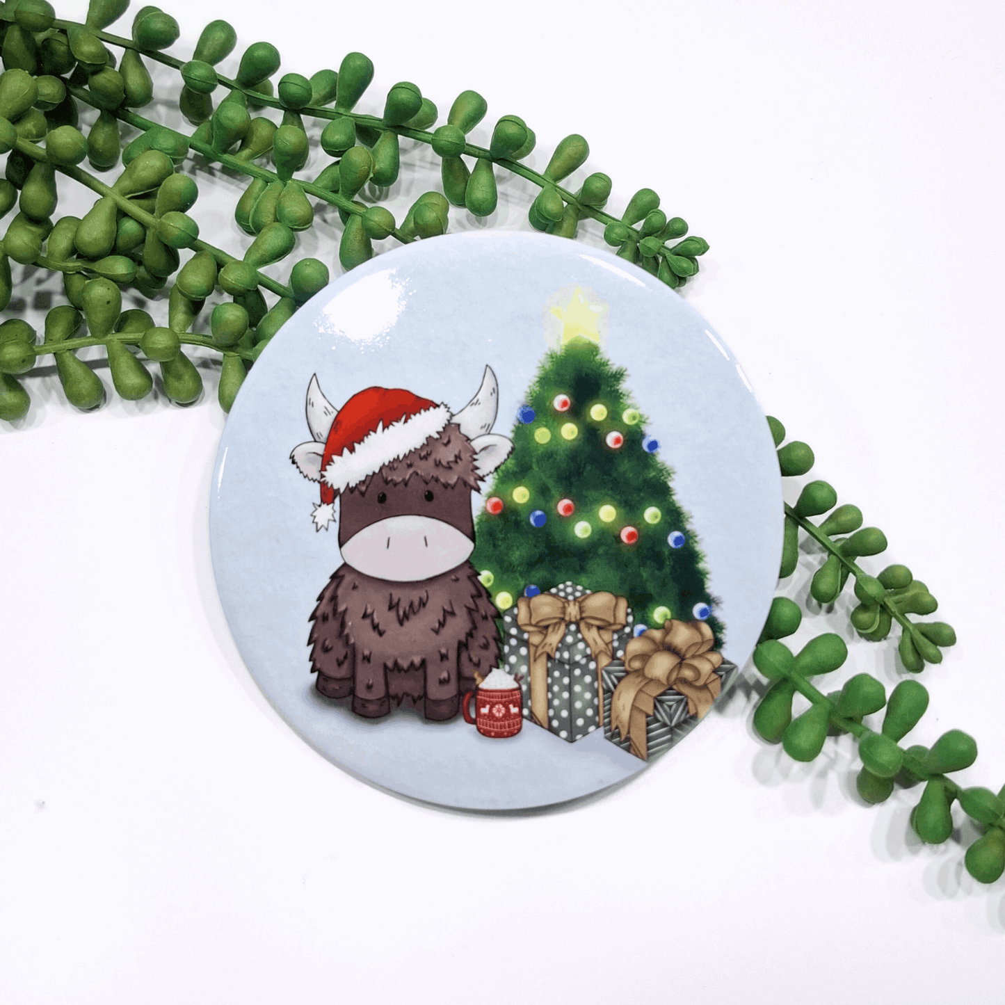 Personalised round highland cow Christmas coaster