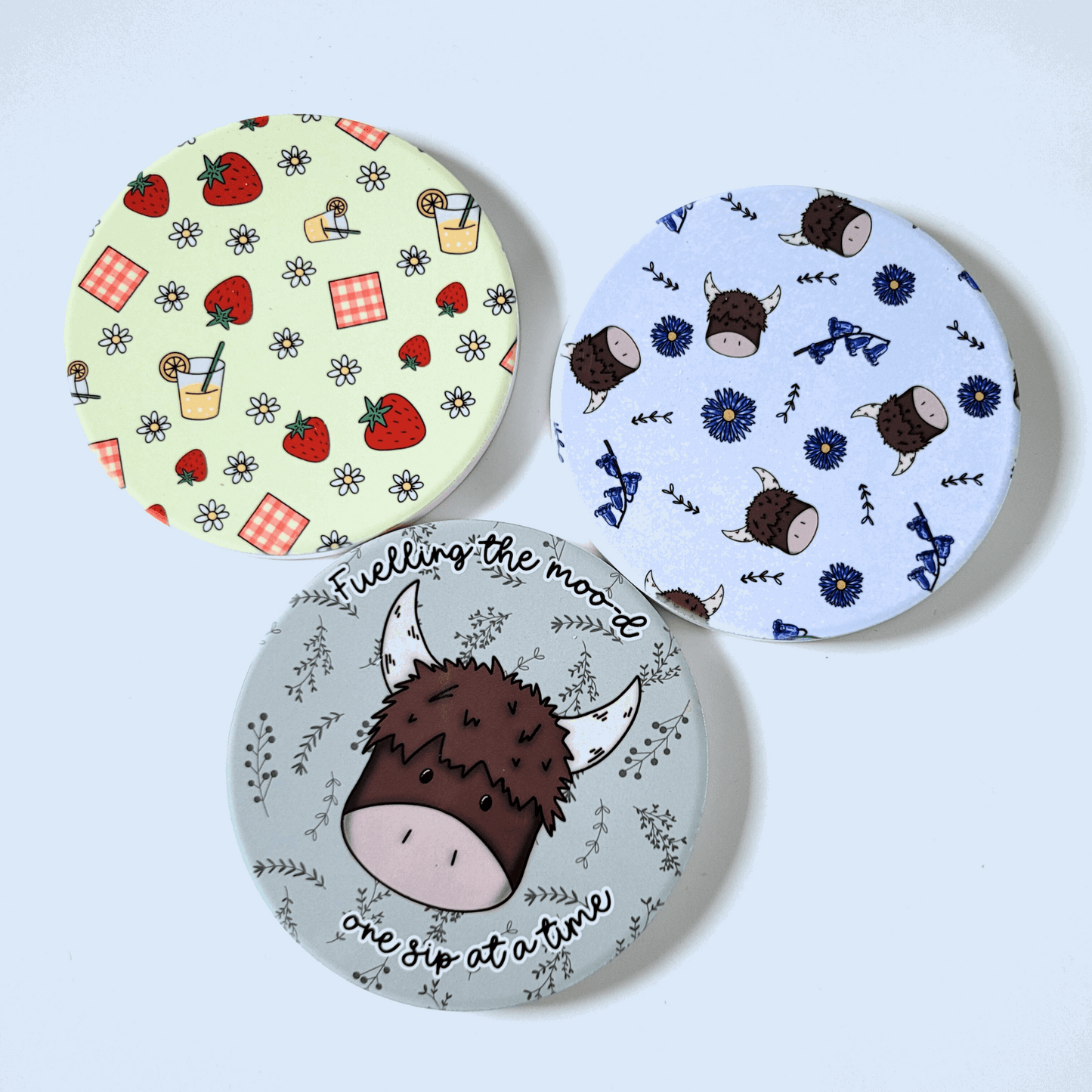 Highland Cow Coaster – “Fuelling the Moo-d” – Round Ceramic with Cork Backing