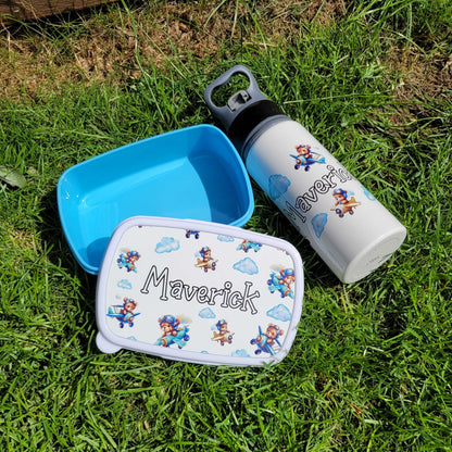 Personalised plastic snack tub, personalised water bottle in teddy planes design perfect for back to school Moose and Goose gifts