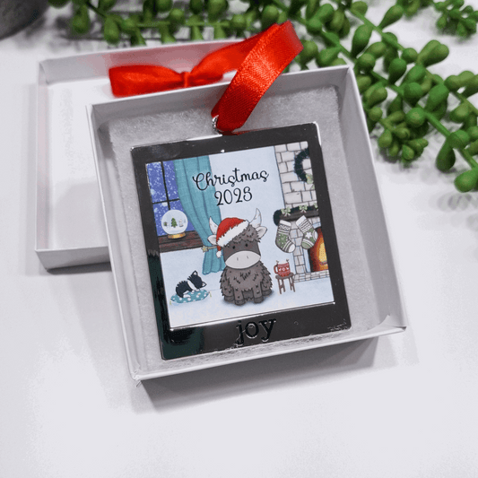 Highland Cow Hand-Drawn Metal Christmas Ornament