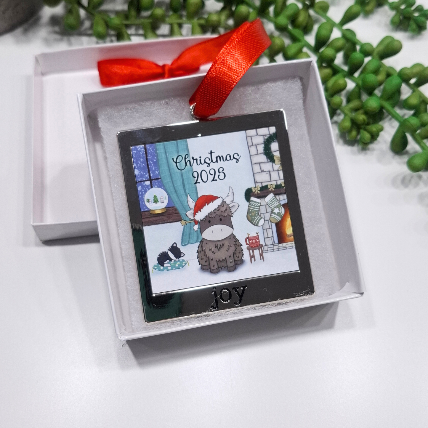 Highland Cow Hand-Drawn Metal Christmas Ornament