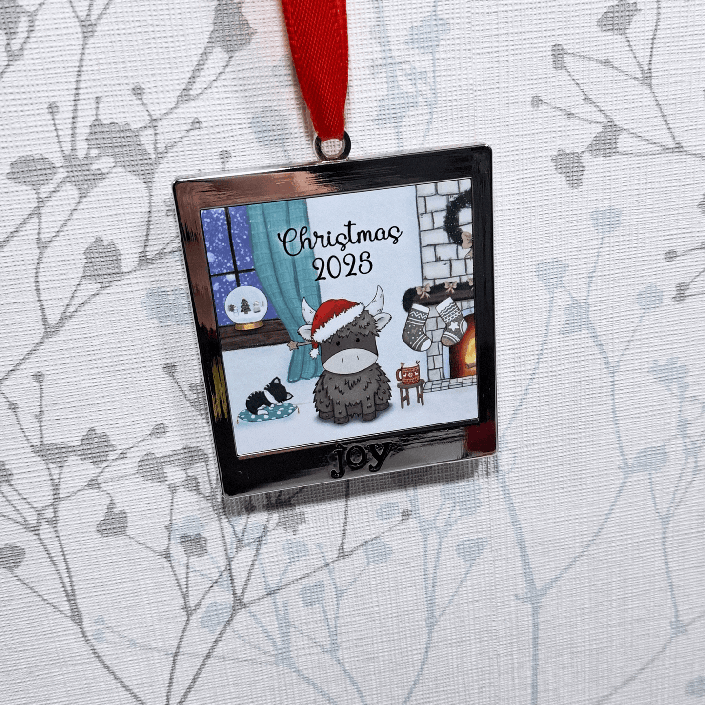 Highland Cow Hand-Drawn Metal Christmas Ornament