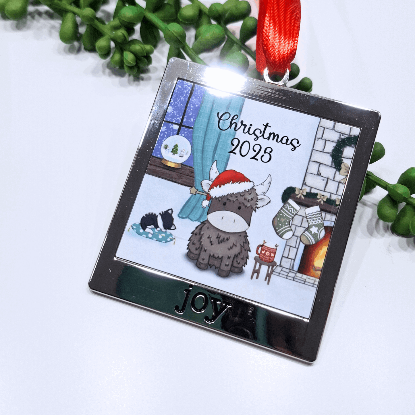 Highland Cow Hand-Drawn Metal Christmas Ornament