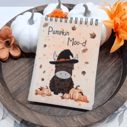Pumpkin Moo-d Highland Cow Notepad – Autumn Halloween Stationery