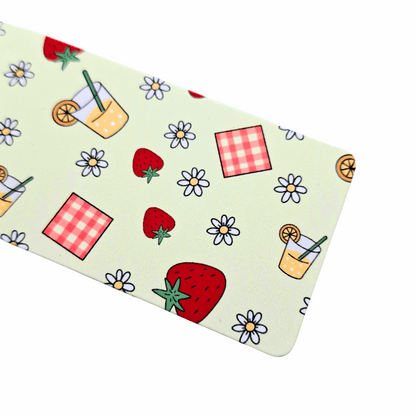 Picnic Bookmark – Strawberries & Juice Cup Design – Personalised Metal Bookmark with Tassel