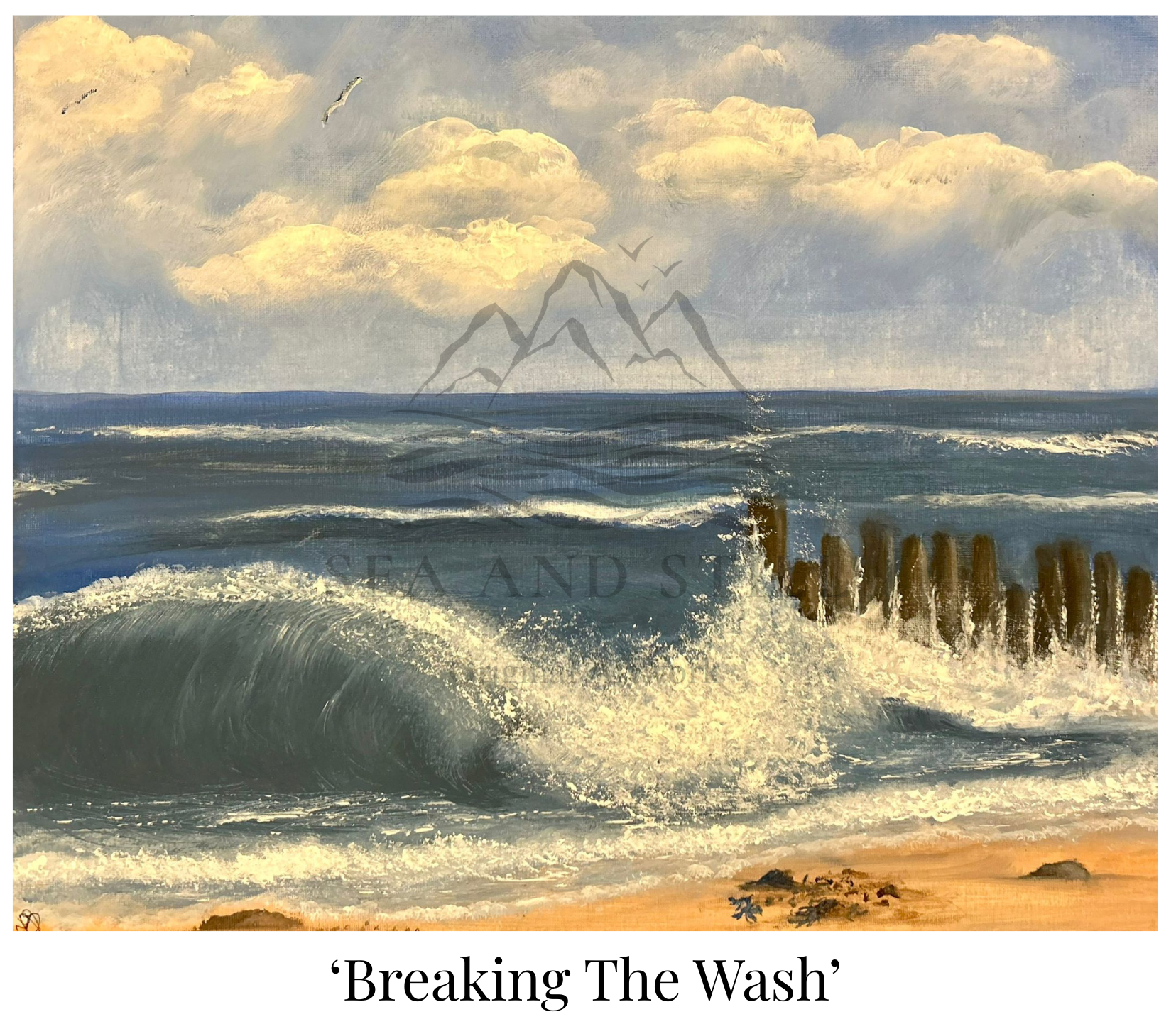 Painting of a coastal scene with waves crashing against a wooden breakwater,  text 'Breaking The Wash'.