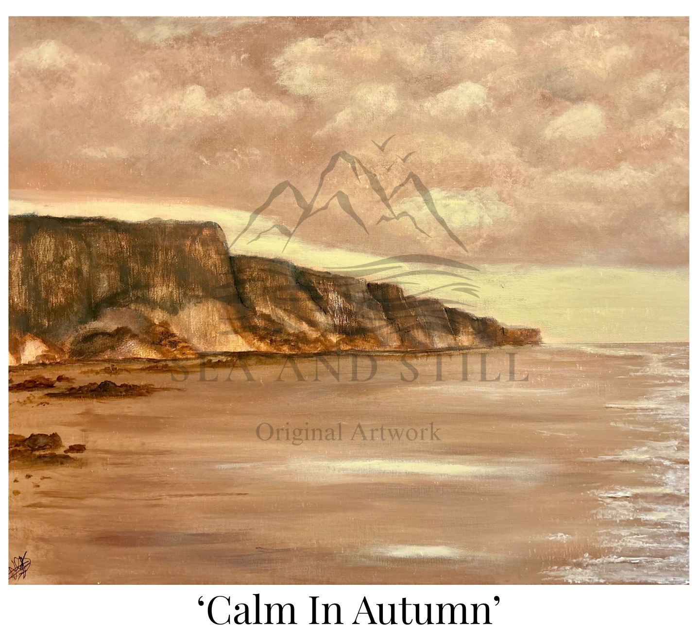 Painting of a coastal scene with cliffs and mountains, titled 'Calm In Autumn'.
