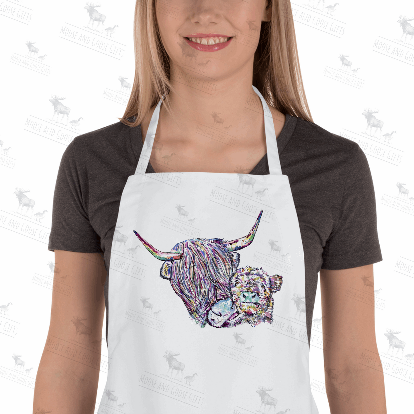 Highland cow and calf apron - white apron