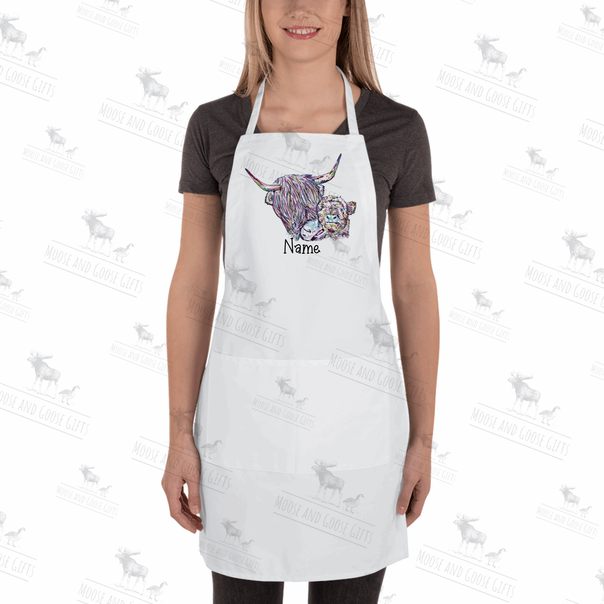 Highland cow and calf apron - white apron