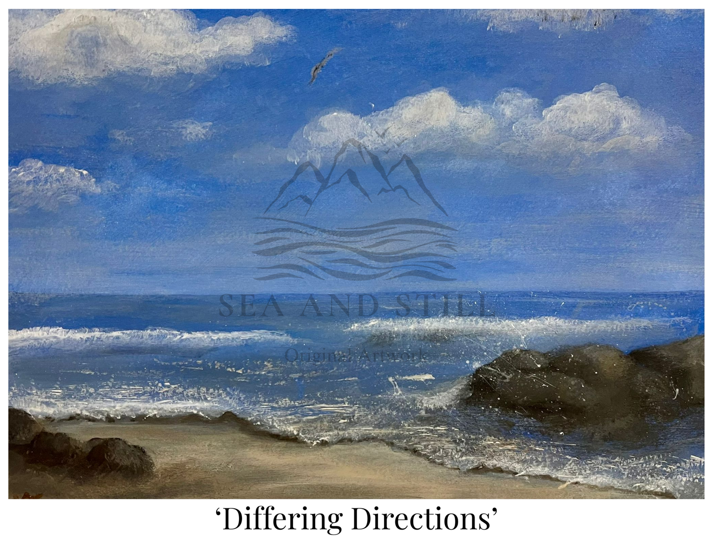 Painting of a coastal scene with waves and rocks, featuring the artist's signature.