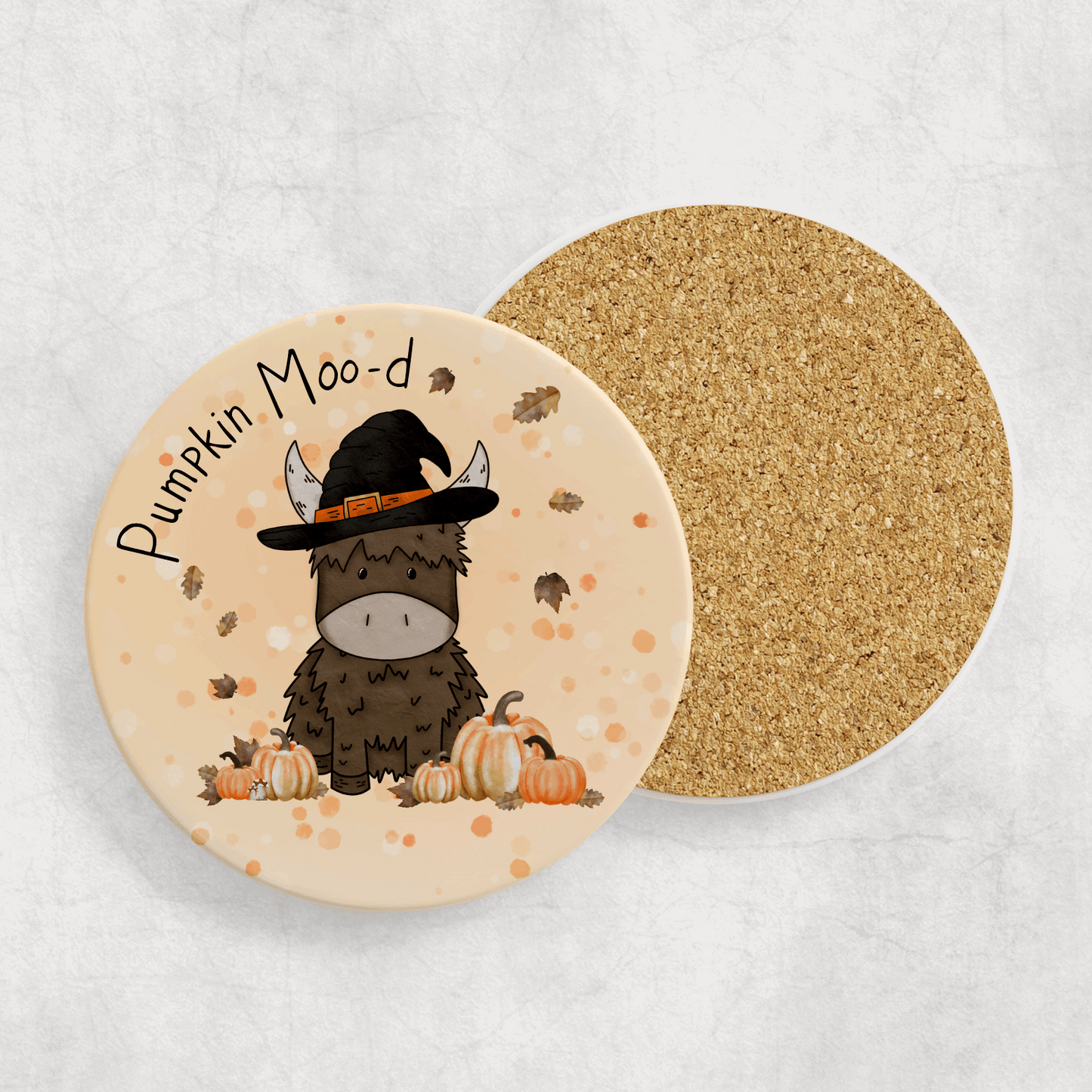 Orange pumpkin theme highland cow coaster printed and drawn by moose and goose gifts