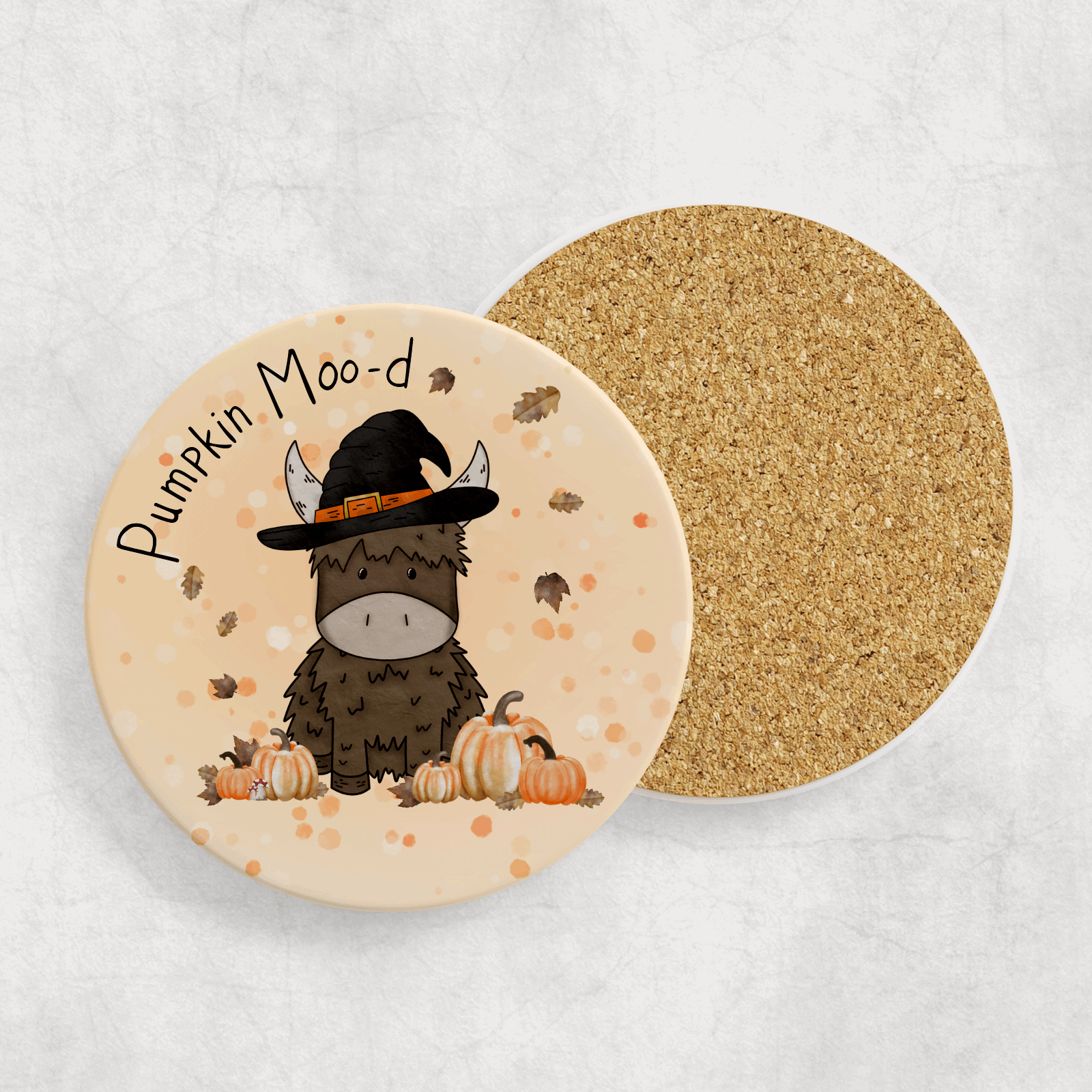Orange pumpkin theme highland cow coaster printed and drawn by moose and goose gifts