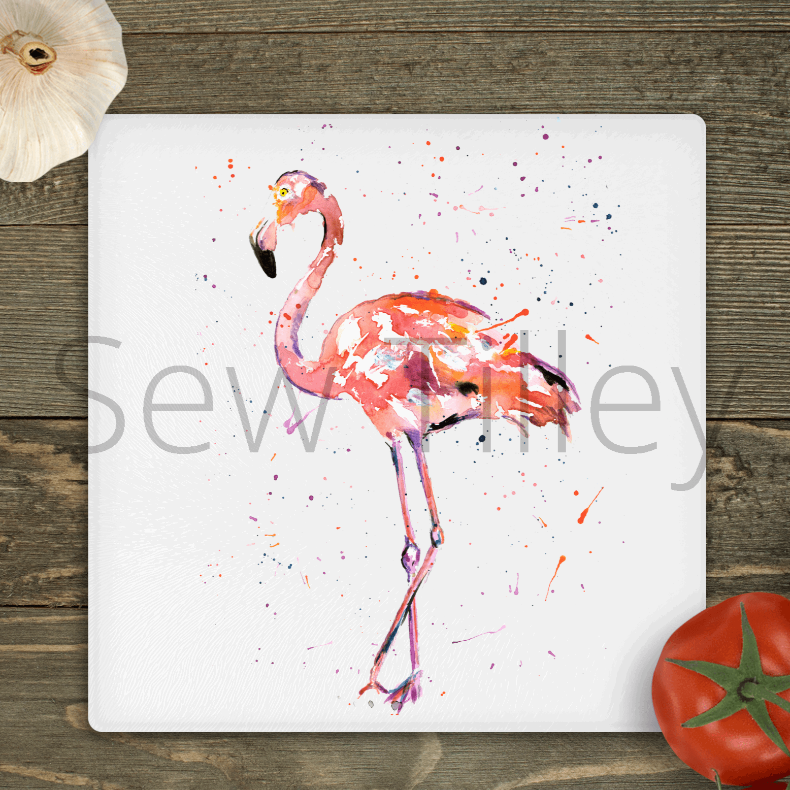 Watercolour flamingo glass cutting board - Sew Tilley