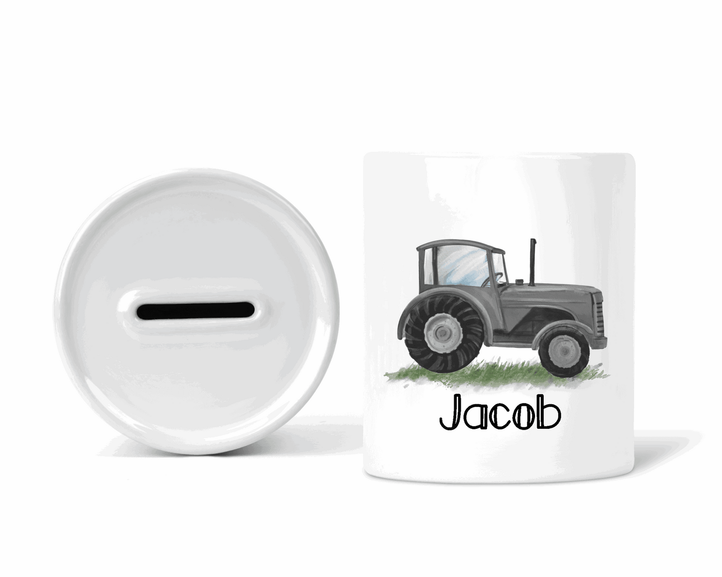 Grey tractor personalised money box - Sew Tilley