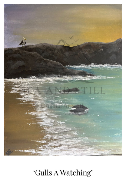 Artistic depiction of a coastal scene with rocks, water, and birds.