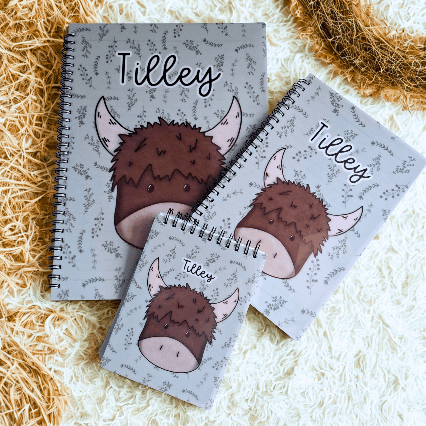 Personalised Highland Cow Notebook – A4, A5 or A6 – Hand-Drawn Design by Moose & Goose