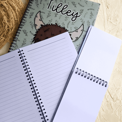 Personalised Highland Cow Notebook – A4, A5 or A6 – Hand-Drawn Design by Moose & Goose