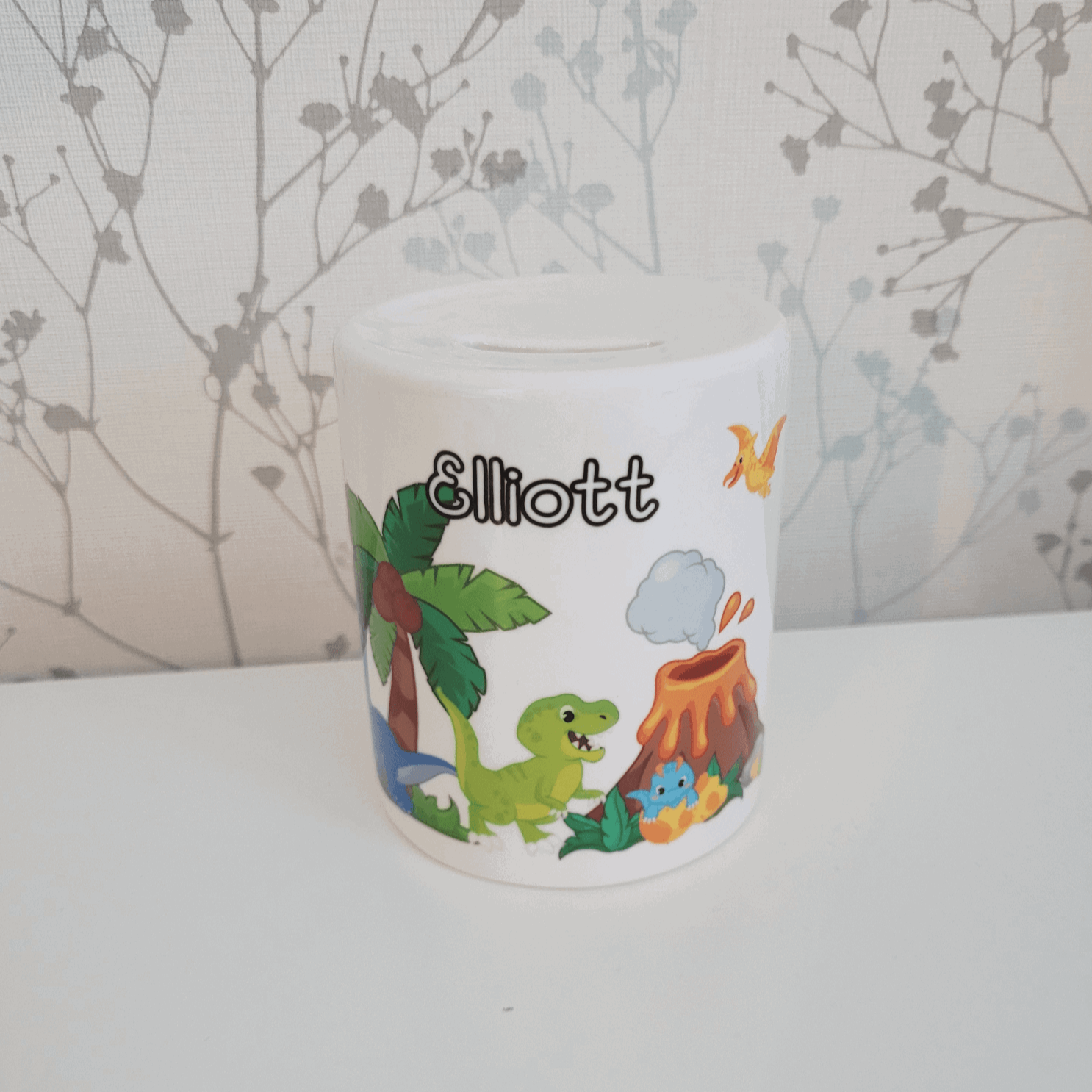 Dino land money box - Moose and Goose Gifts personalised coin bank, dinosaur land money box