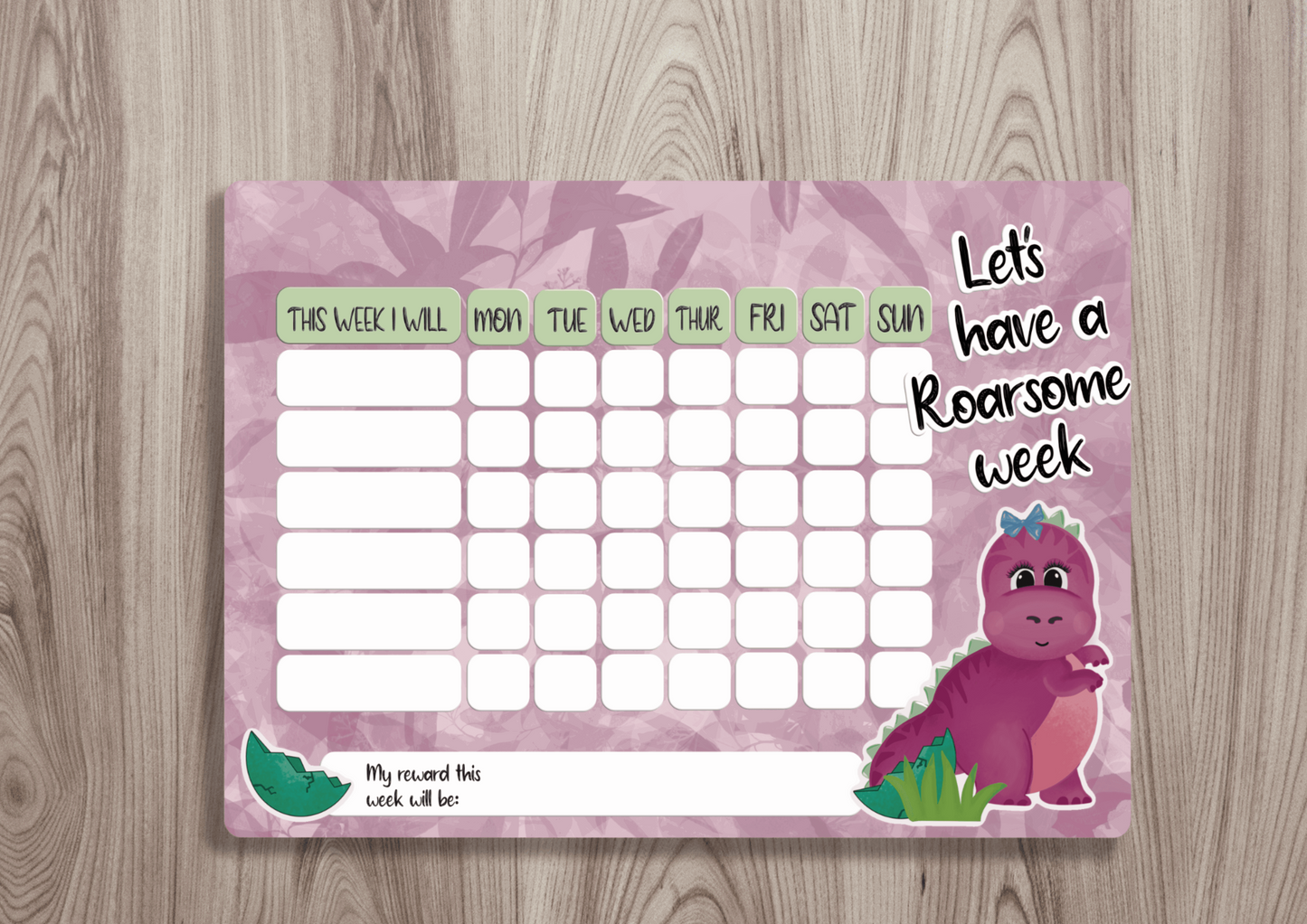Pink dino chore chart - dry wipe - Moose and Goose Gifts