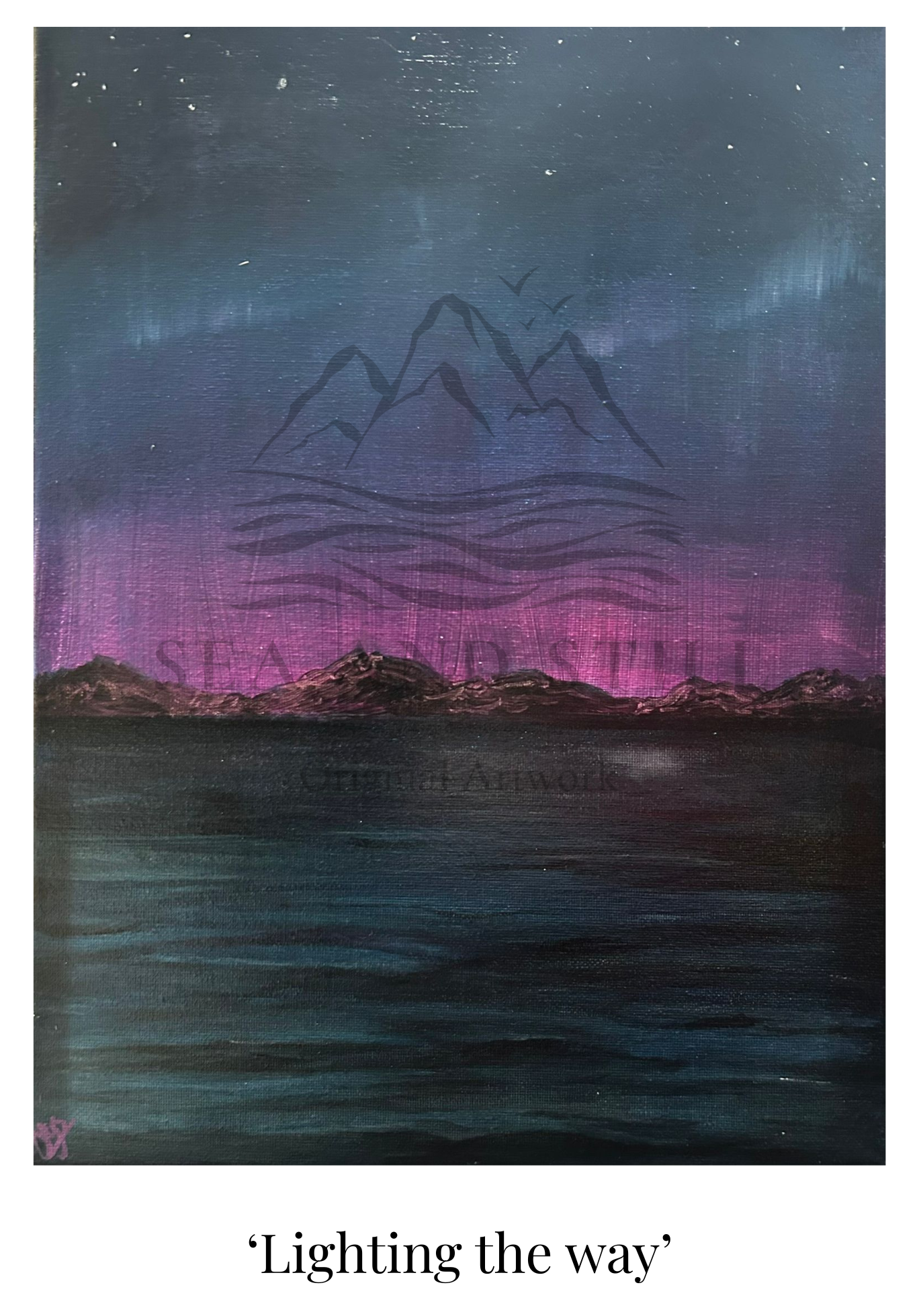 Artistic depiction of mountains and water with a purple wave design, titled 'Lighting the way'.
