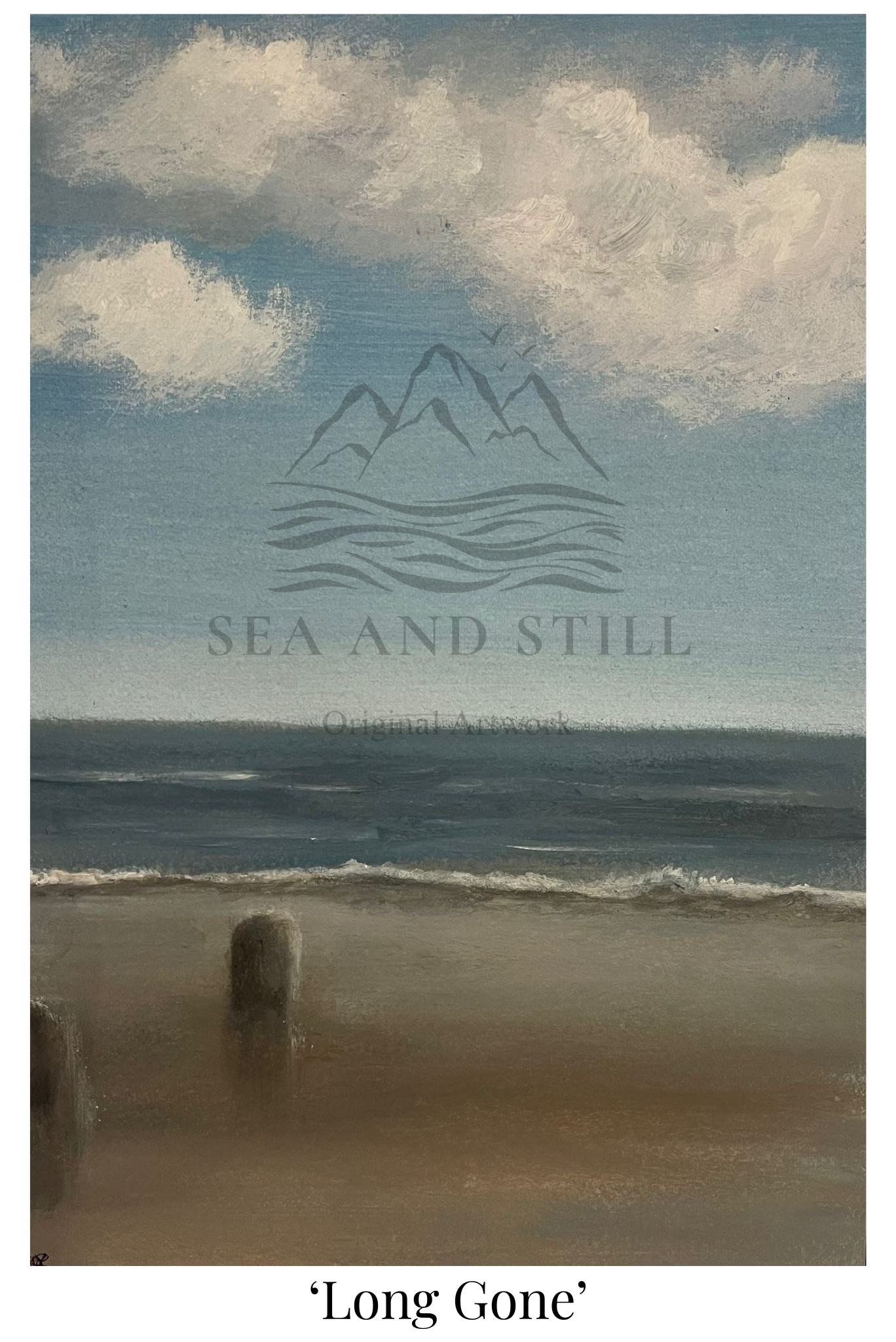 Artistic depiction of a beach scene and text 'Sea and Still Long Gone'.