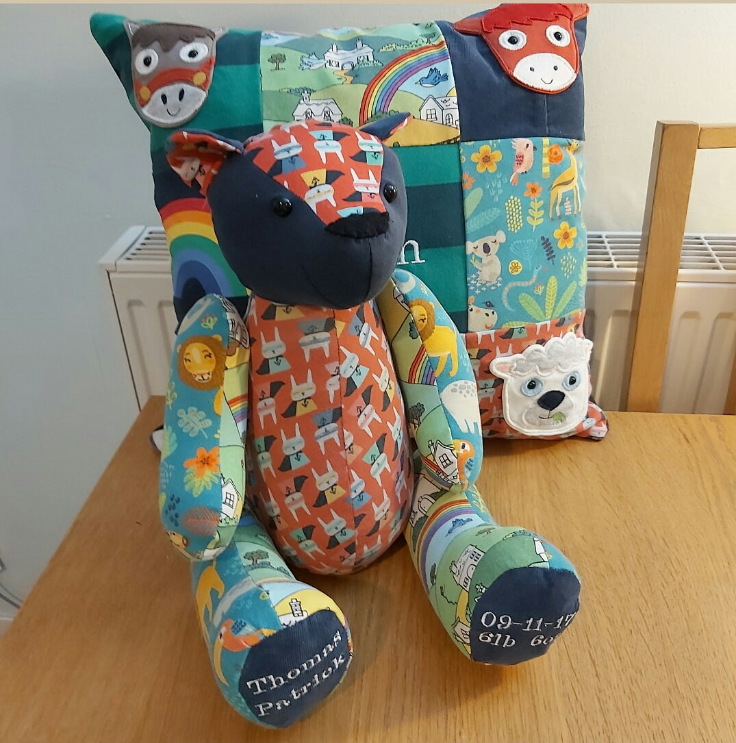 Personalised Memory Keepsake bear made from clothing with keepsake cushion