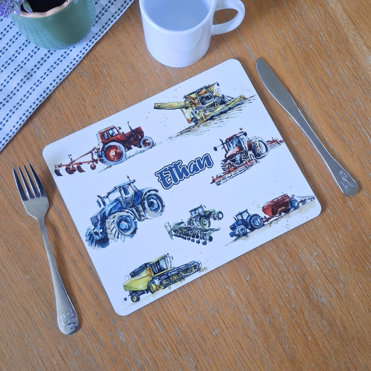 Placemat with tractor designs and personalised with a name