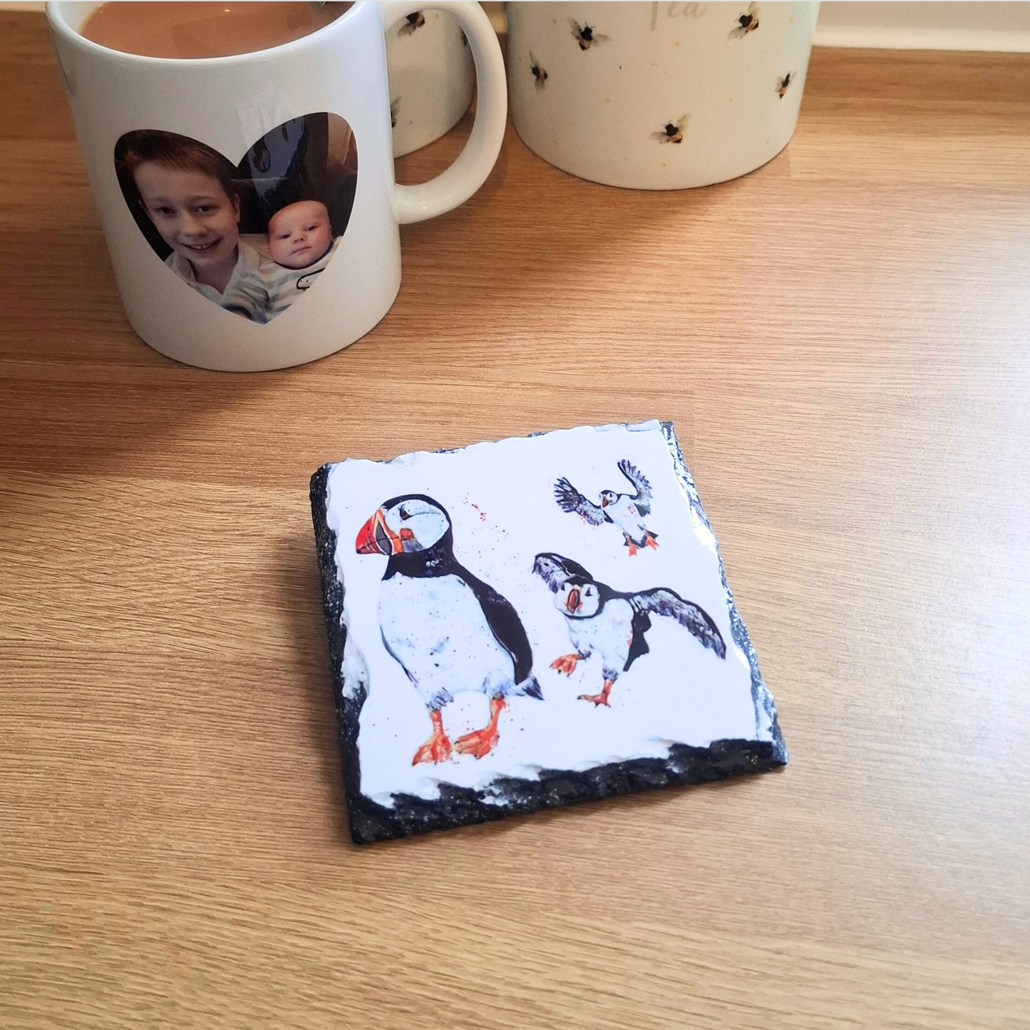 Slate coaster with flying puffin